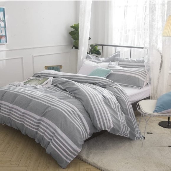 SEESUCKER DUVET COVER SET w/ 2 SHAMS - 100% COTTON (Stripes Grey/White -… - Picture 2 of 11